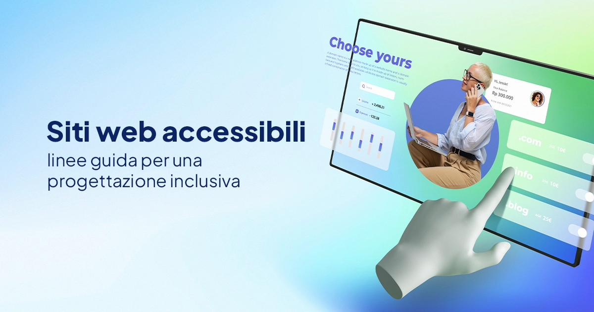 Immagine con sfondo sfumato, un monitor e una mano 3D con scritto sopra "Siti Web AccessibilI"